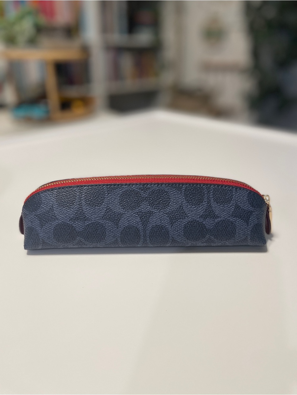 Coach Blue Signature Canvas Pencil Case with Red Trim- New